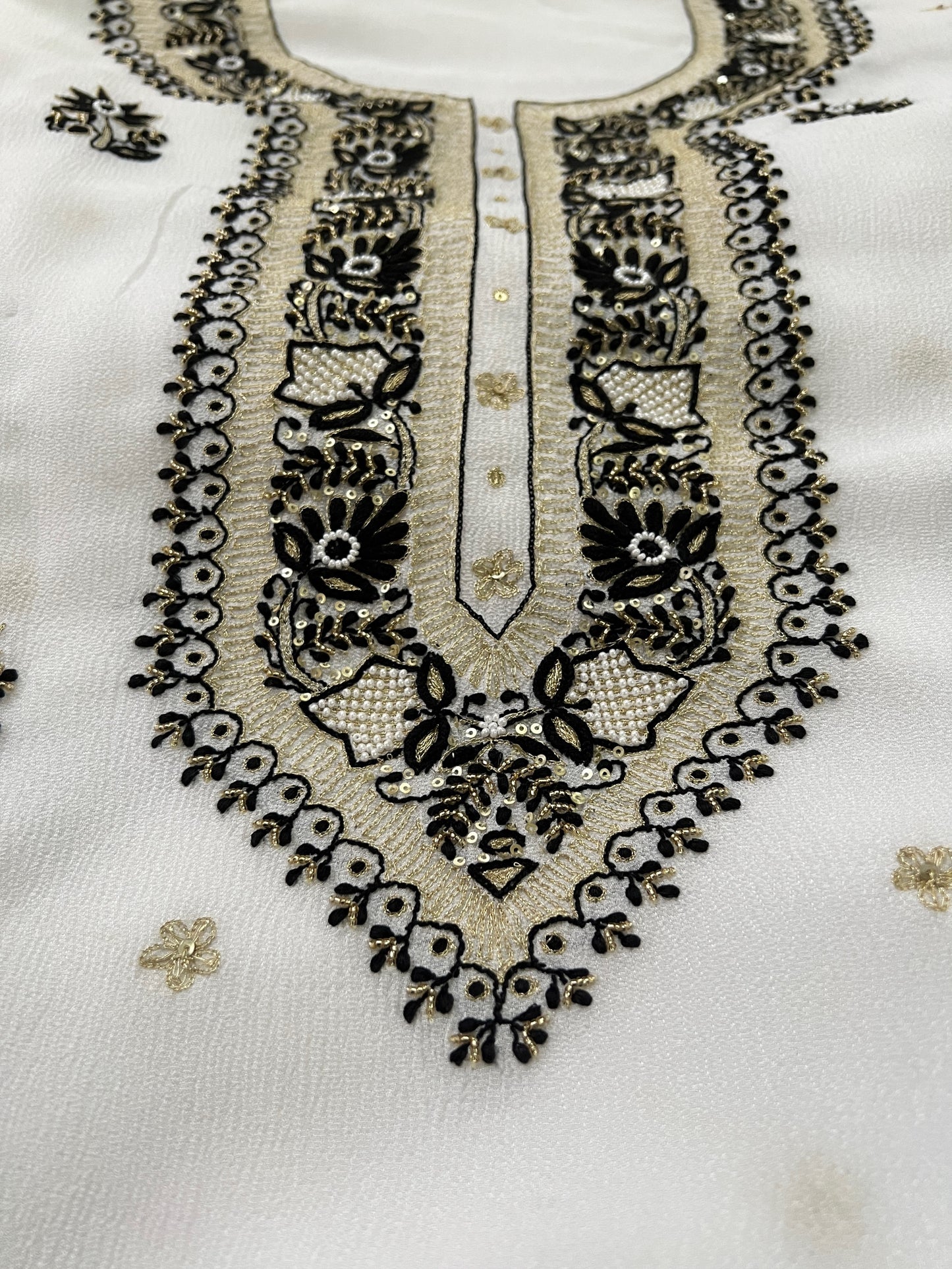 Black & White Crinkle Chiffon Suit with Chikankari and Embellishments
