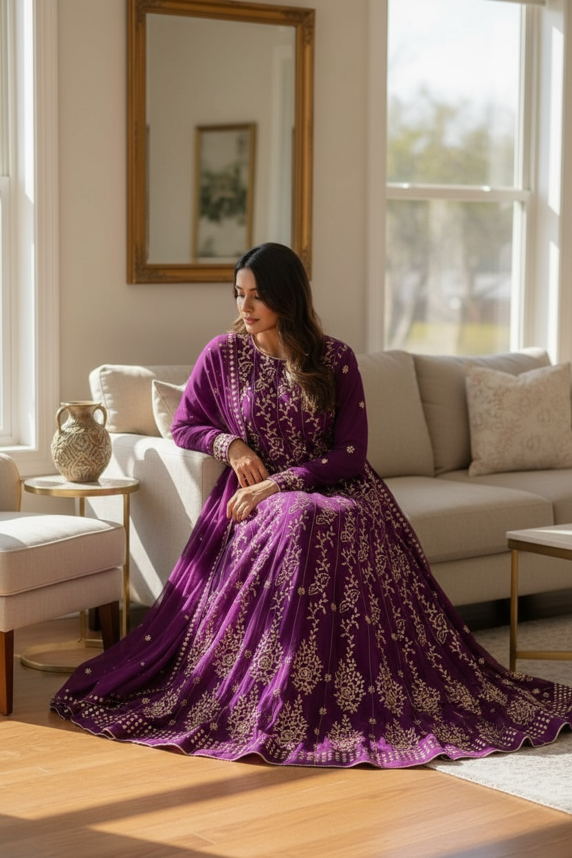 Pure Georgette Anarkali – Hand-Embroidered Mukaish 