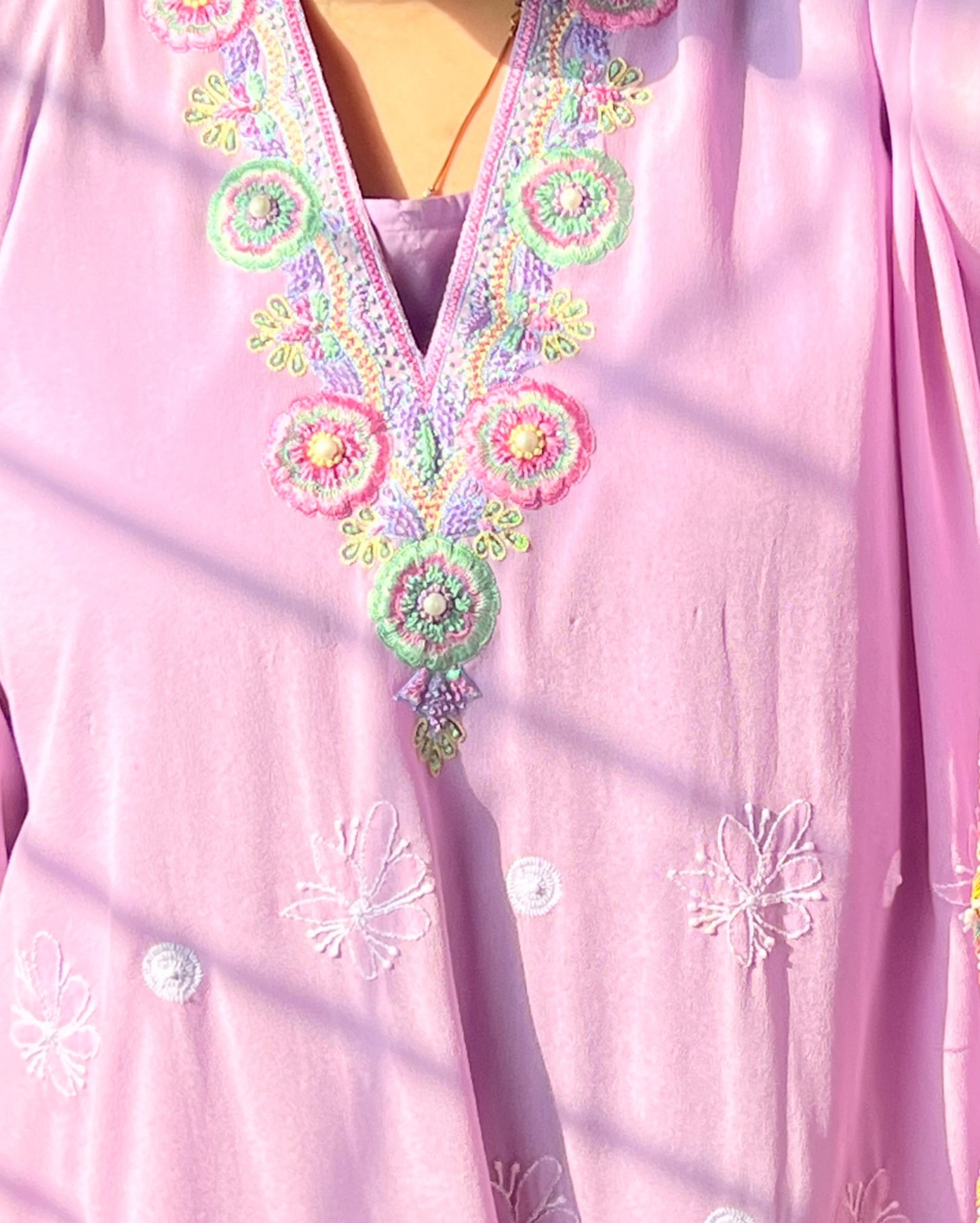 Lilac Kaftan with Chikankari, Pearls & Resham Thread Parsi Gara Neckline