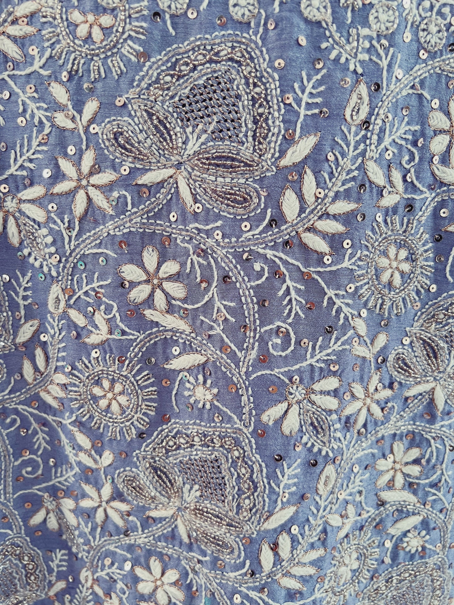 Periwinkle Blue Pure Munga Silk Chikankari & Embellishments Suit