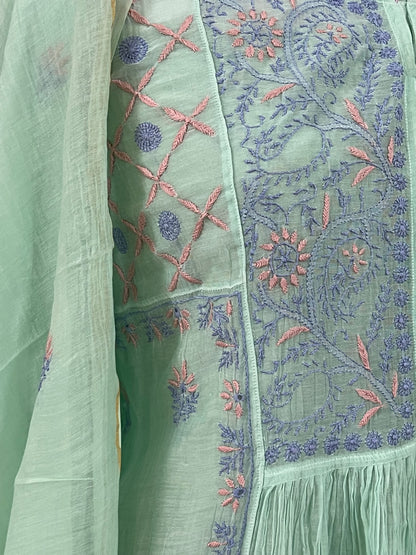 Cool Mint Green Mul Chanderi Peshwaz with Chikankari
