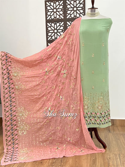 Pistachio Green & Blush Pink Crepe Silk Zardozi Suit