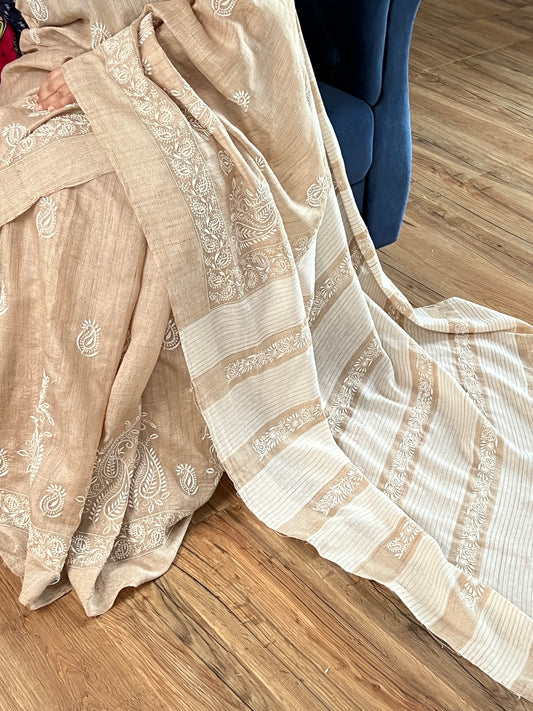 Natural Handwoven Khadi Silk Saree with Do Taar Chikankari