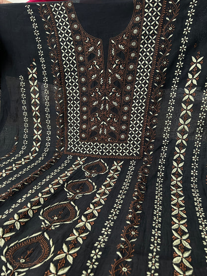 Black Mul Chanderi Suit with Dual tone Chikankari