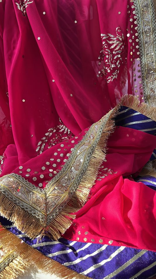 Rani Pink Pure Georgette Dupatta with Gold Mukaish Badla