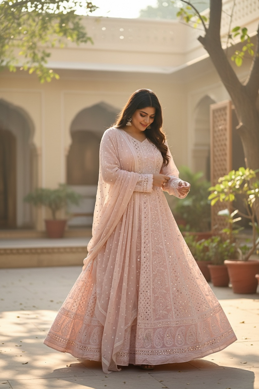 Pastel Peach Chikankari & Mukaish Anarkali – Pure Georgette Elegance