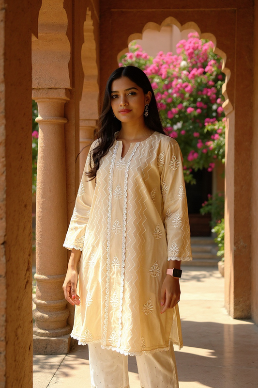 Beige Cotton Chikankari Kurti