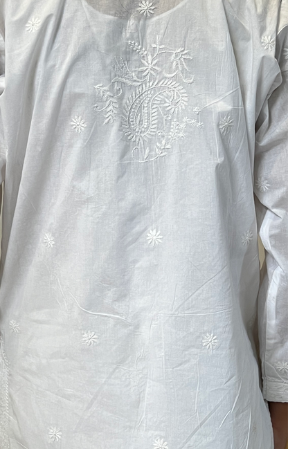 Pearl White Cotton Kurta with Chikankari & Haath Jaali