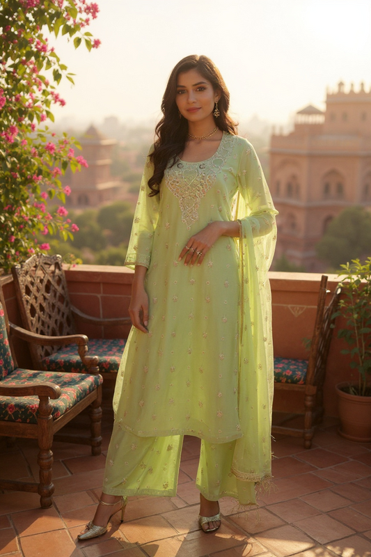 Lime Green Chikankari Chanderi Embellished Suit