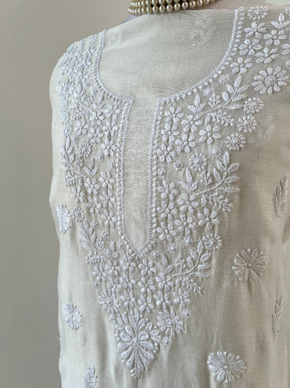 Premium unstitched Chanderi Kurti with handcrafted Chikankari embroidery, fully customizable and dyeable in any color – perfect for elegant ethnic fashion by ShaSumz.