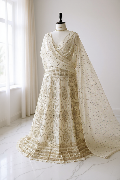 Elegant off white Mukaish lehenga on a mannequin, featuring intricate embroidery and shimmering details.