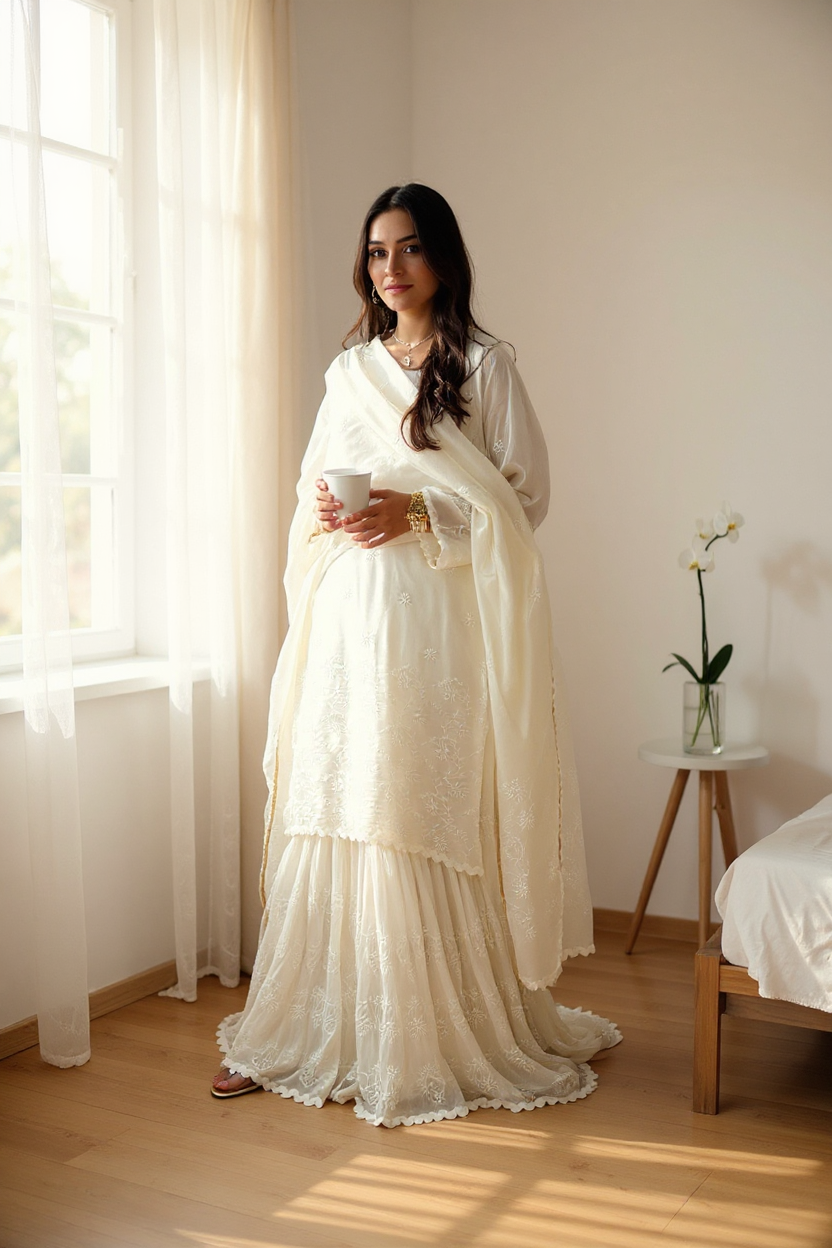 Pure  Chanderi Silk Lucknowi Gharara with Chikankari