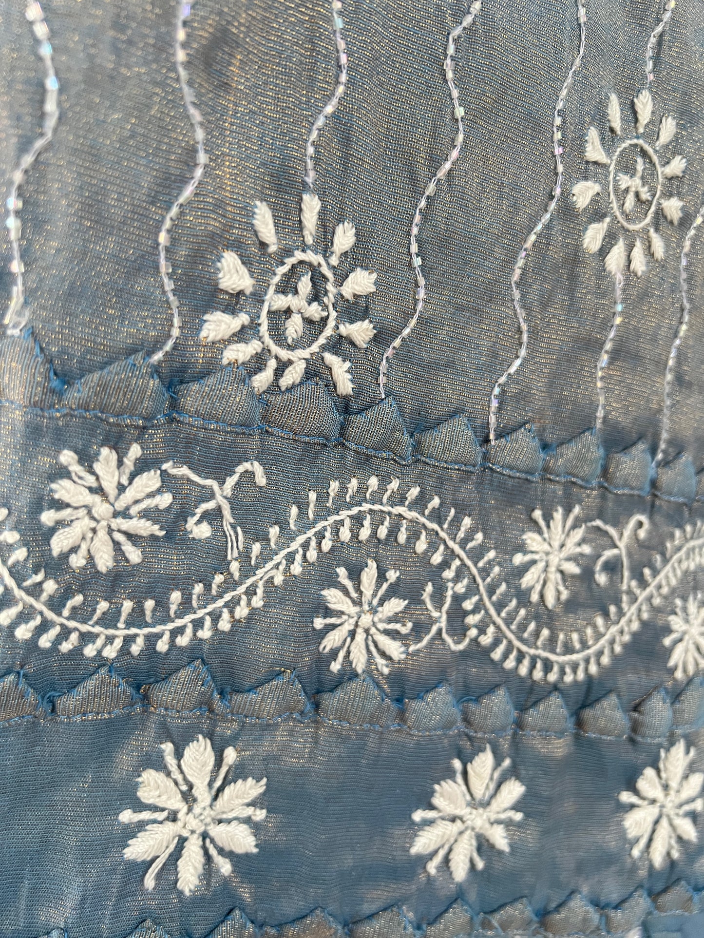Blue Grey Tissue Chanderi Silk Suit with Chikankari and Embellishments