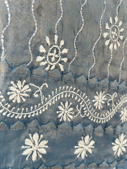 Blue Grey Tissue Chanderi Silk Suit with Chikankari and Embellishments