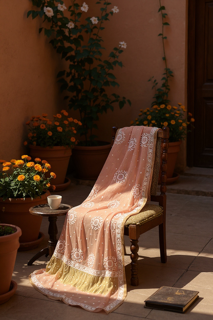 Peach Tissue Dupatta with Chikankari & Embellishments