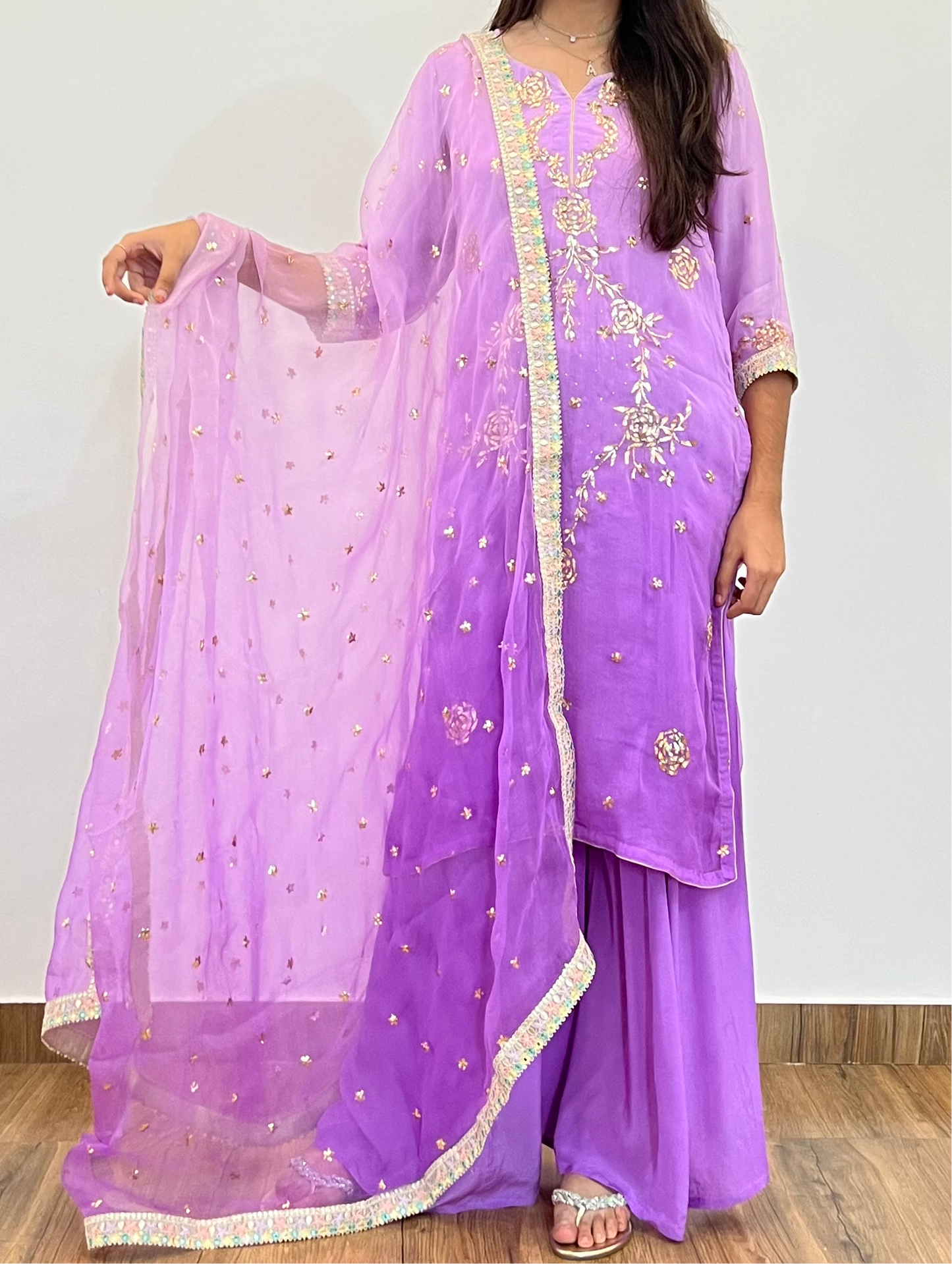 Ombré Lavender Organza Silk Suit with Badla Mukaish