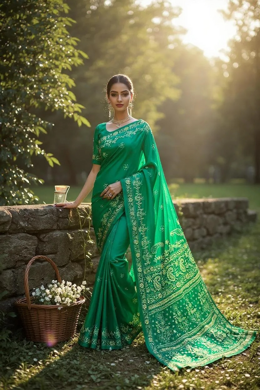 Emerald Green Silk Saree with Chikankari