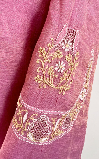 Dusty Rose Tissue Chanderi Silk Suit with Chikankari | Crescent Design