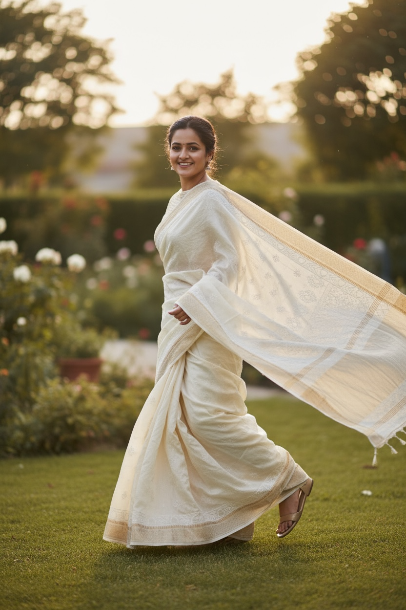 Model twirling while wearing Pure Silk Saree with Chikankari & Zari Border