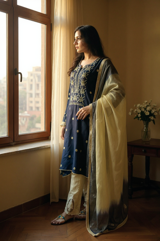 Midnight Blue Mul Chanderi Suit with Chikankari & Appliqué