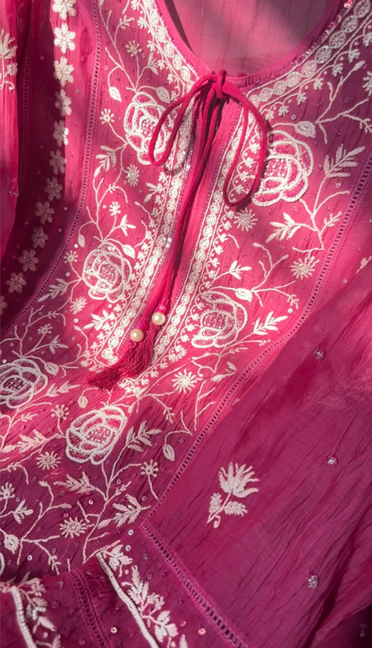 Magenta Mul Chanderi Kurta Set with Chikankari & Embellishments