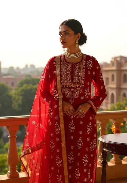 Crimson Red Organza Suit with Ivory Chikankari & Mukaish