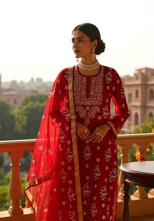 Crimson Red Organza Suit with Ivory Chikankari & Mukaish