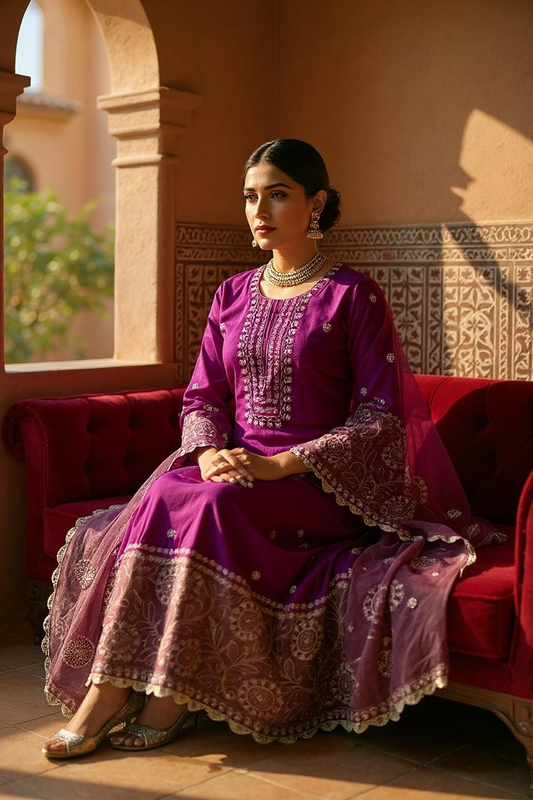 Amalgamation of Chanderi and Tissue with Chikankari using Zari thread.