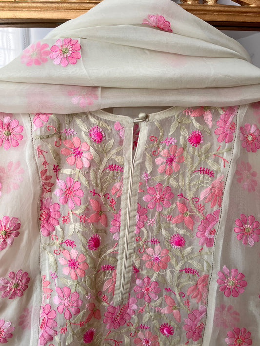Ivory Pure Organza Suit with Multicolour Chikankari