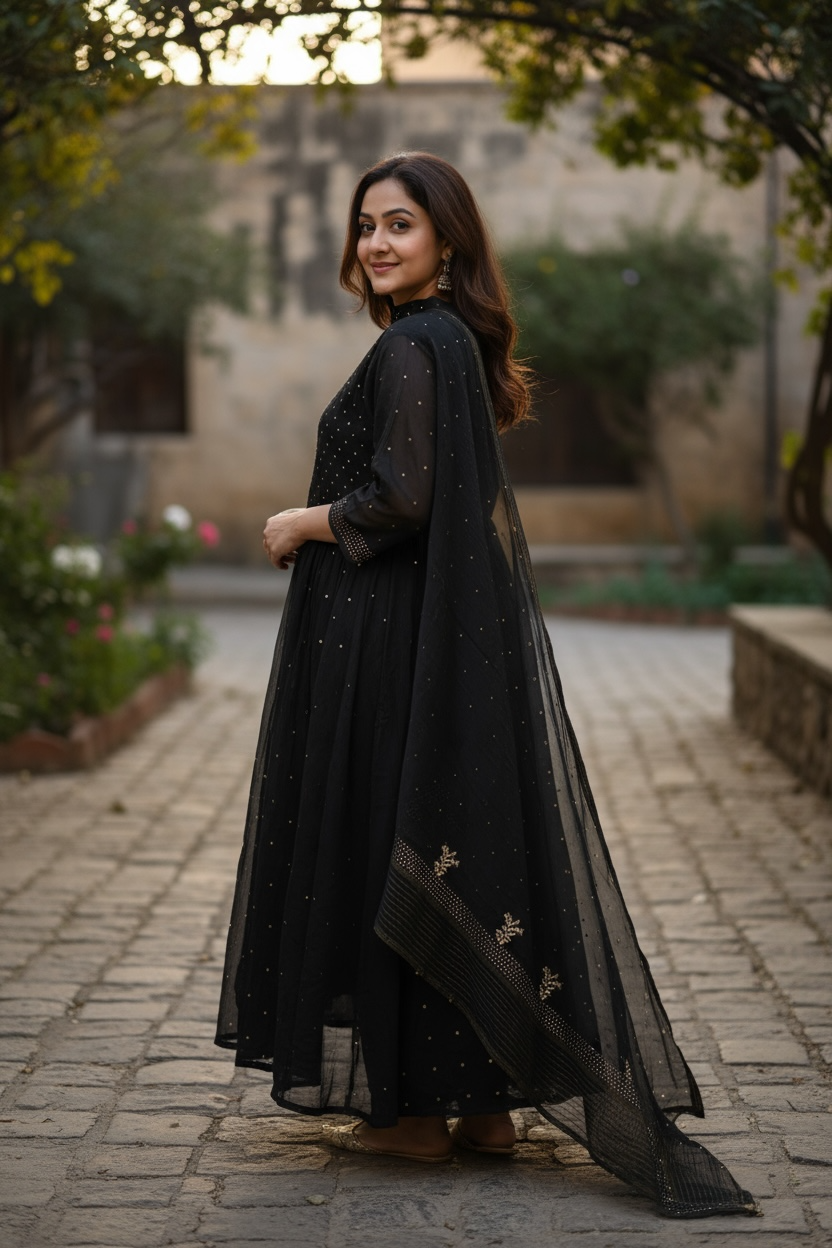 Black Mul Chanderi Bhopali Peshwaz with Mukaish