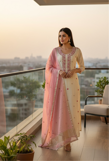 Silver Grey & Pink Tissue Suit with Chikankari