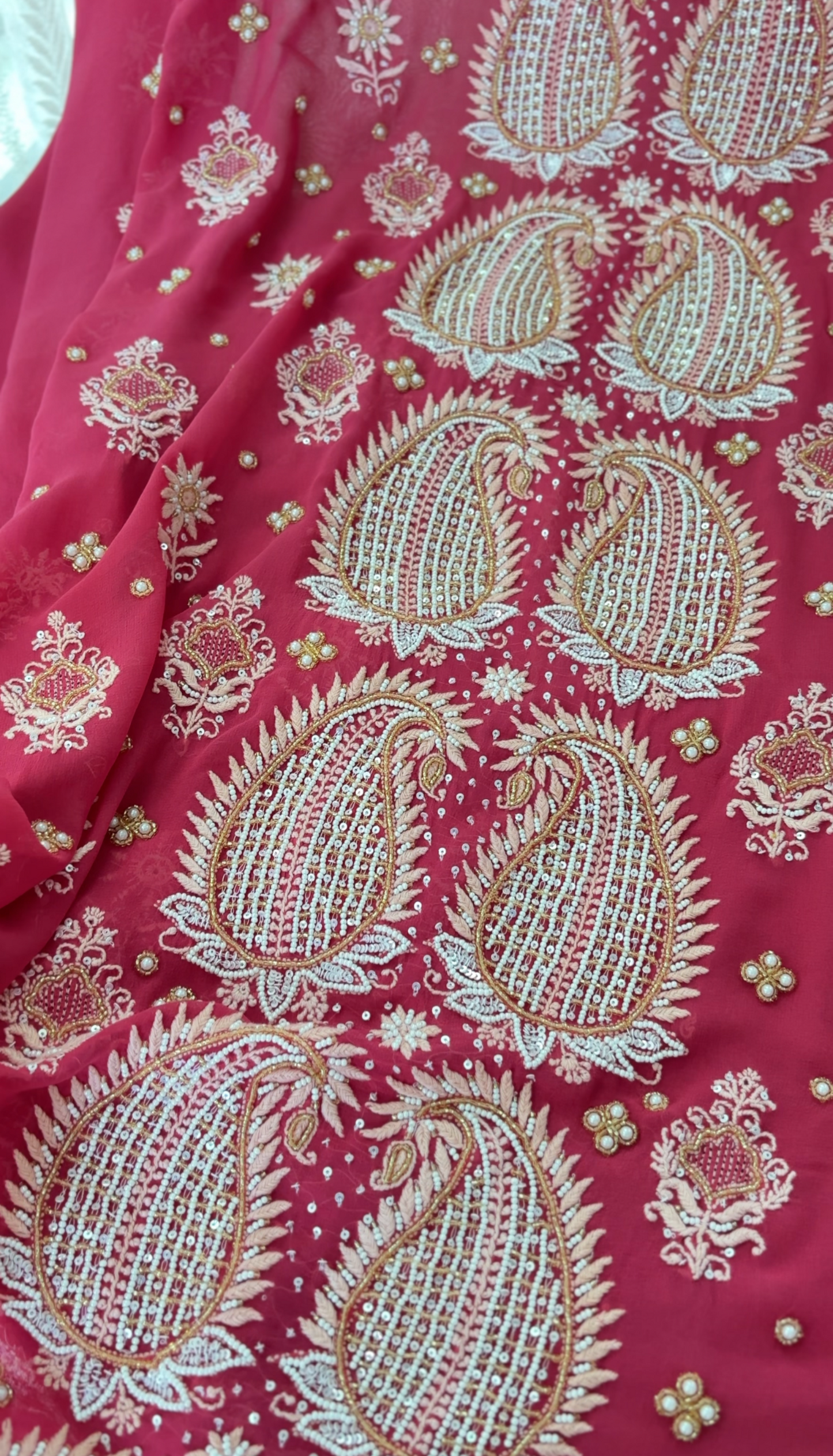 Soft Red Pure Georgette Suit with Chikankari & Embellishments