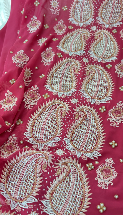 Soft Red Pure Georgette Suit with Chikankari & Embellishments