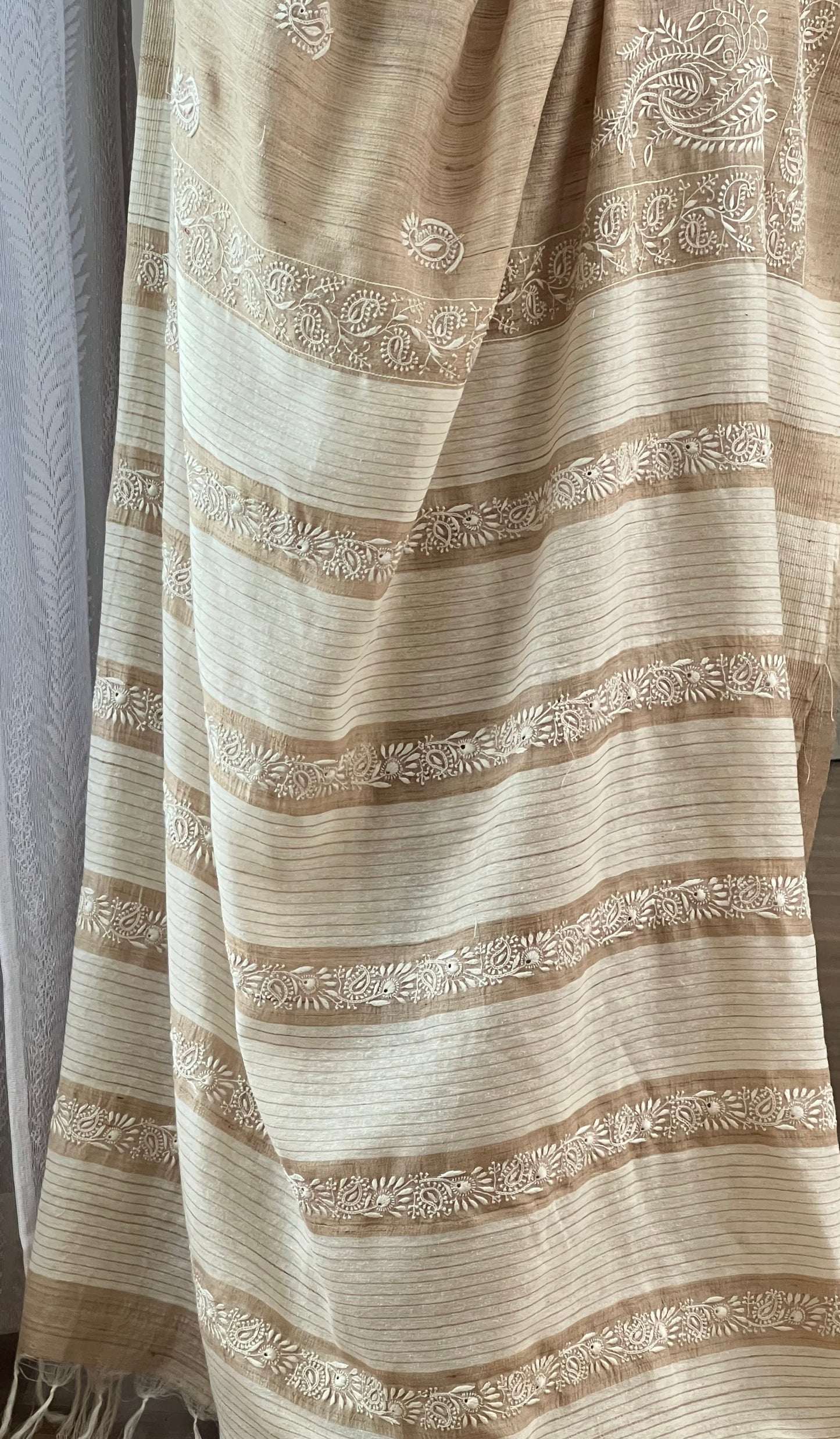 Natural Handwoven Khadi Silk Saree with Do Taar Chikankari