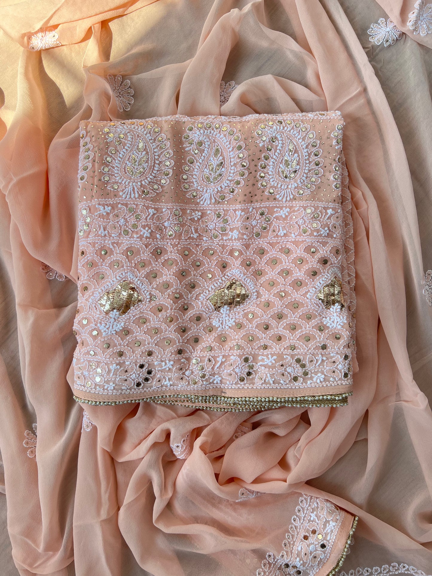 Peach Chikankari & Mukaish Suit