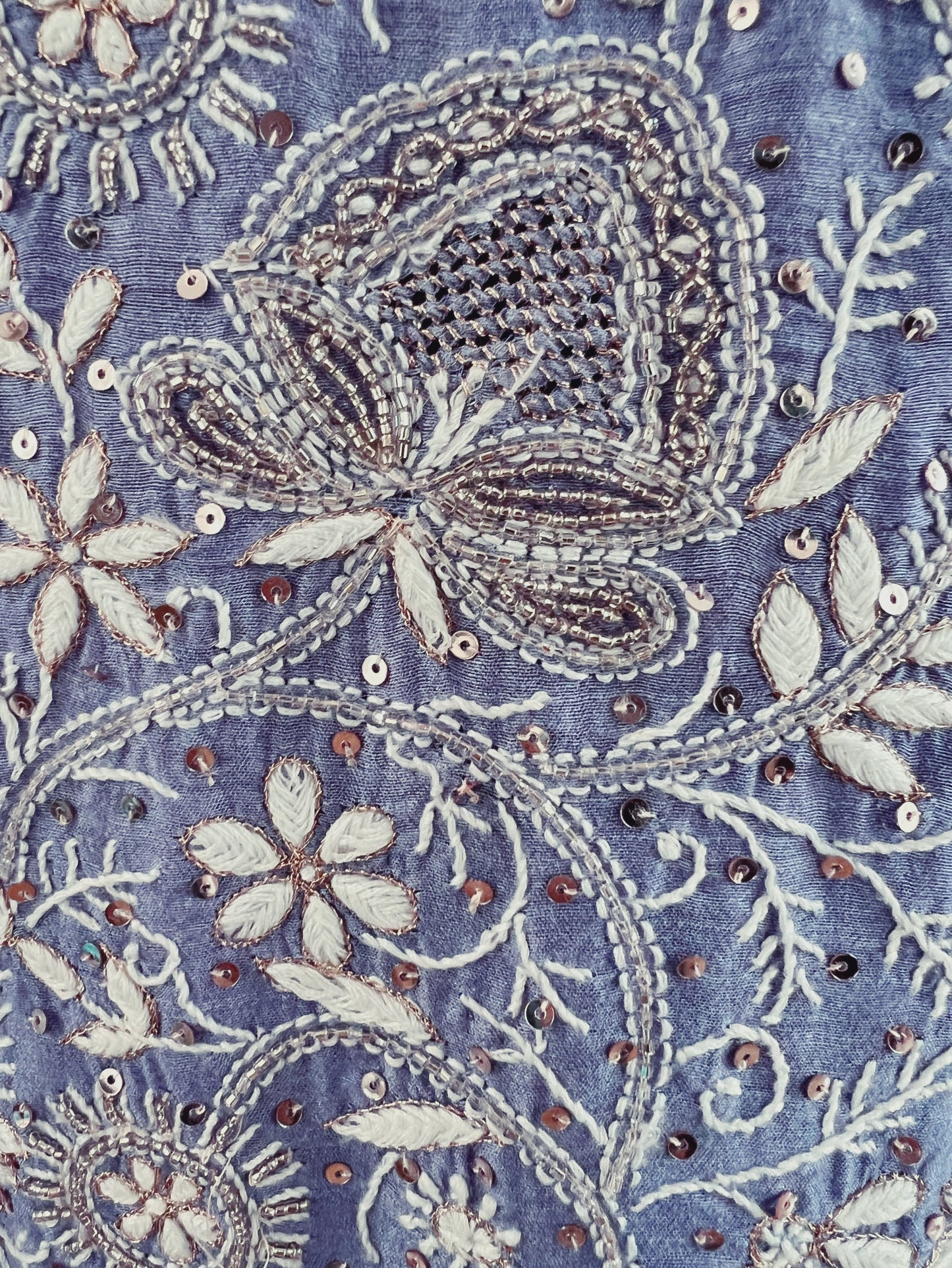 Periwinkle Blue Pure Munga Silk Chikankari & Embellishments Suit