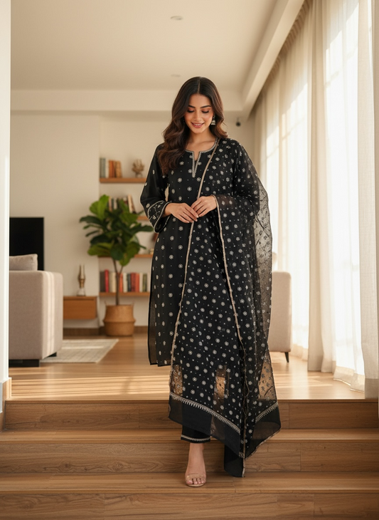 Black Chanderi suit with Chikankari showcased by a modern woman in a stylish indoor setting.