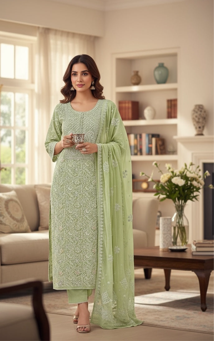 Pista Green Chikankari & Pearls Suit