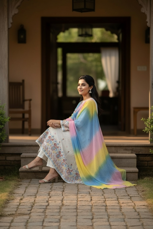 Pure Chanderi Anarkali with Multi Color Chikankari