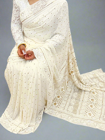Saree with Chikankari & Mukaish Badla