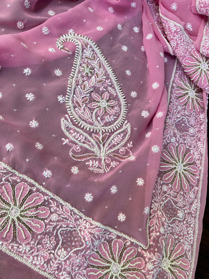 English Rose Pure Georgette Dupatta with Chikankari & Embellishments