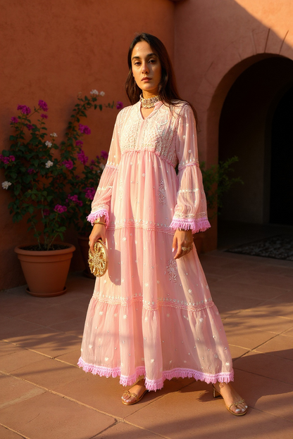 Powder Pink Dress with Chikankari & Embellishments