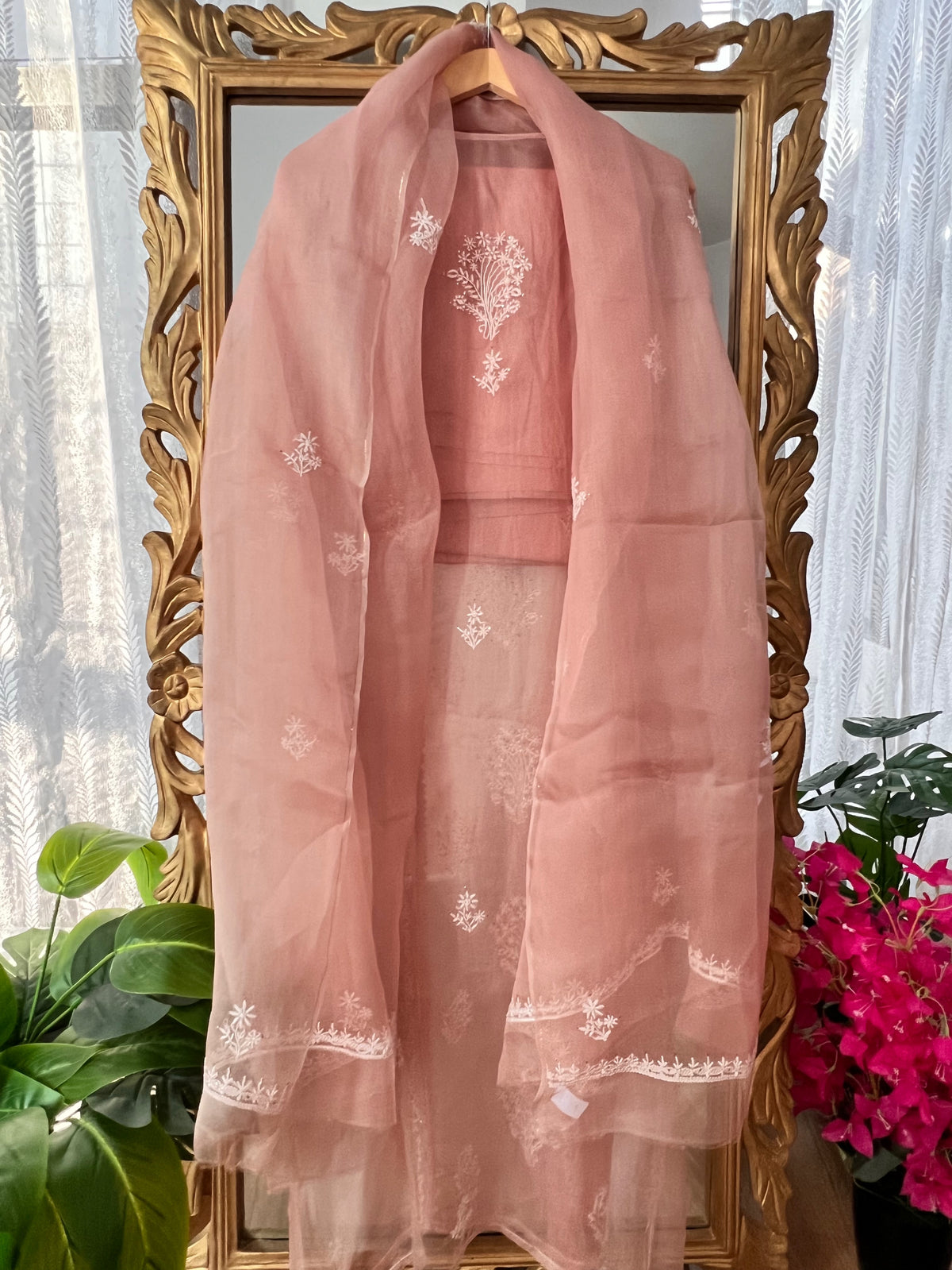Hazelnut Pure Organza Silk Suit with Chikankari and Kamdani