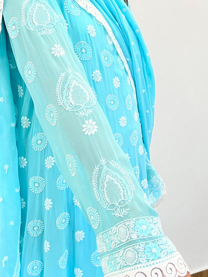 Aqua Blue Anarkali with Chikankari