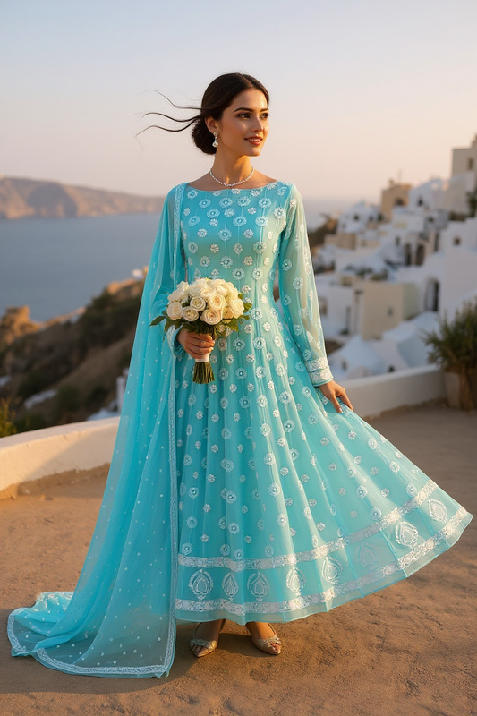 Aqua Blue Anarkali with Chikankari
