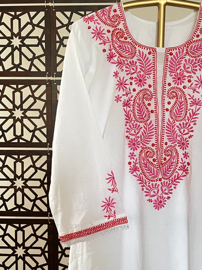 White Cambric Cotton Kurta with Multi Colour Chikankari