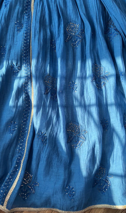 Egyptian Blue Mul Peshwaz with Chikankari & Kamdani