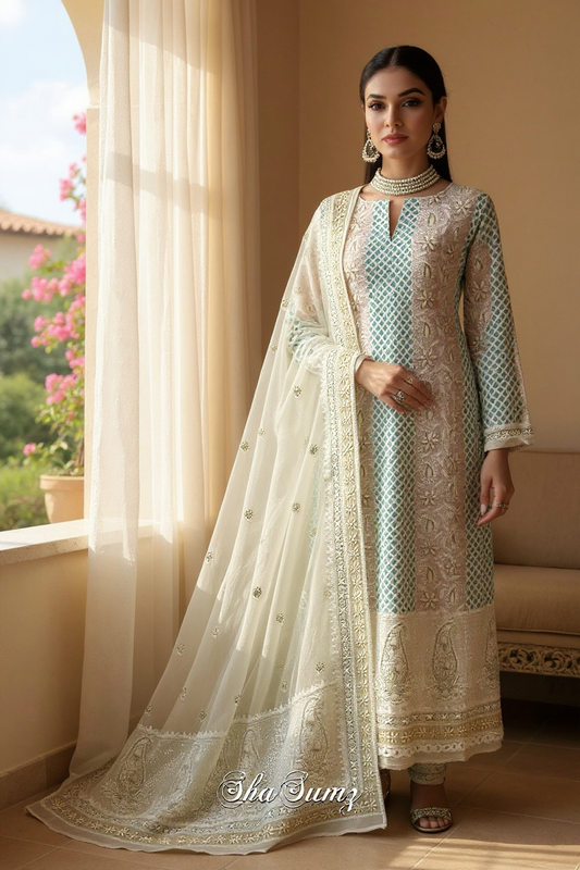 Pista Green Pure Georgette Suit with Chikankari & Embellishments