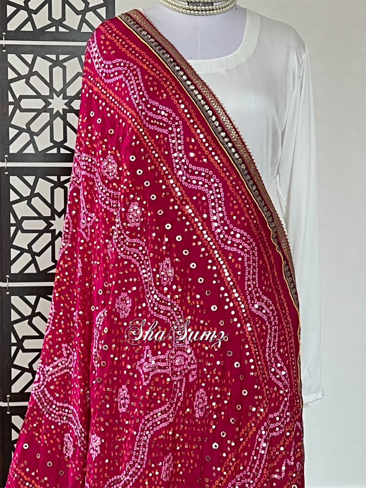 Royal Fuchsia Pink Silk Bandhej Dupatta with Mukaish