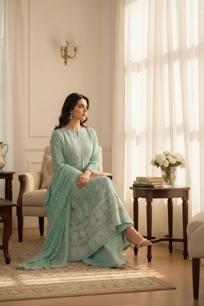 Mint Green Anarkali with Chikankari and Embellishments